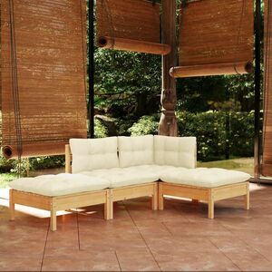 vidaXL 4-cz. zestaw wypoczynkowy do ogrodu, kremowe poduszki, sosnowy obraz