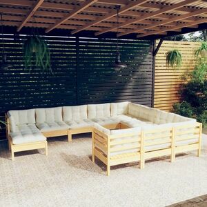 vidaXL 11-cz. zestaw wypoczynkowy do ogrodu, kremowe poduszki, sosnowy obraz