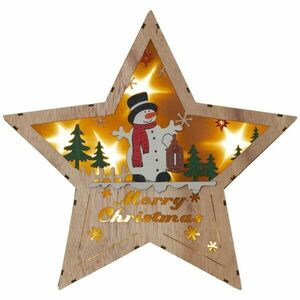 Drewniana gwiazda z motywem bałwanka, 8 LED , ciepła biel obraz