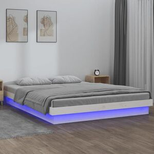 vidaXL Rama łóżka z LED, biała, 160x200 cm, lite drewno obraz