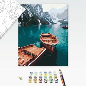 Malowanie po numerach łódki na alpejskim jeziorze obraz