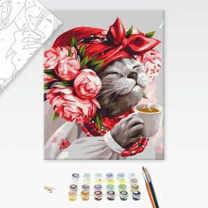 Malowanie po numerach kota przy filiżance herbaty obraz