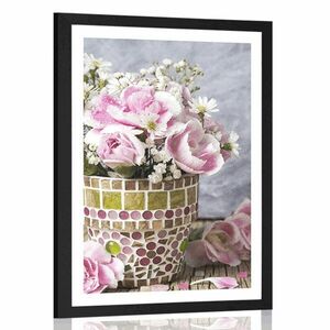 Plakat z passe-partout kwiaty goździków w doniczce mozaikowej obraz