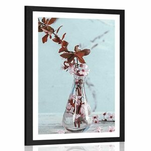 Plakat z passe-partout gałązka wiśni w wazonie obraz