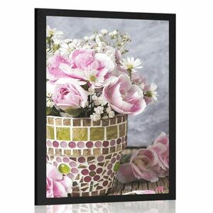 Plakat kwiaty goździków w doniczce mozaikowej obraz