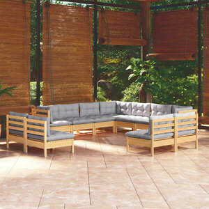 vidaXL 11-cz. zestaw wypoczynkowy do ogrodu, szare poduszki, sosnowy obraz