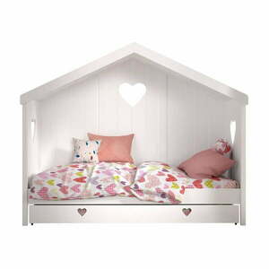 Białe łóżko dziecięce z litego drewna sosnowego w kształcie domku z wysuwanym łóżkiem ze schowkiem 90x200 cm AMORI – Vipack obraz