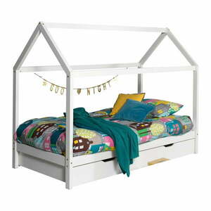 Białe łóżko dziecięce z litego drewna sosnowego w kształcie domku z wysuwanym łóżkiem ze schowkiem 90x200 cm DALLAS – Vipack obraz