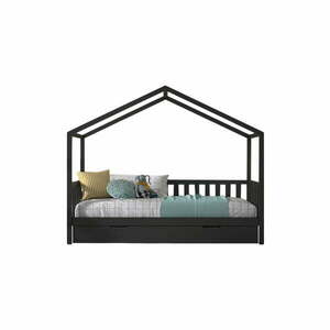 Antracytowe łóżko dziecięce z litego drewna sosnowego w kształcie domku z wysuwanym łóżkiem ze schowkiem 90x200 cm DALLAS – Vipack obraz