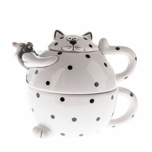 Ceramiczny czajniczek z filiżanką Kot, czarna kropka obraz