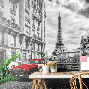 Samoprzylepna tapeta czerwony samochód retro w Paryżu obraz