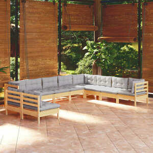 vidaXL 10-cz. zestaw wypoczynkowy do ogrodu, poduszki, szary, sosnowy obraz