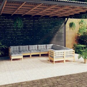 vidaXL 10-cz. zestaw wypoczynkowy do ogrodu, szare poduszki, sosnowy obraz