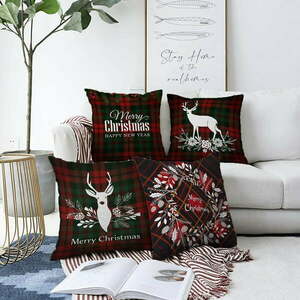 Zestaw 4 świątecznych szenilowych poszewek na poduszki Minimalist Cushion Covers Tartan Merry Christmas, 55x55 cm obraz