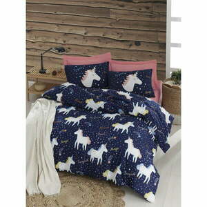 Pościel dwuosobowa z prześcieradłem Eponj Home Magic Unicorn Dark Blue, 200x220 cm obraz