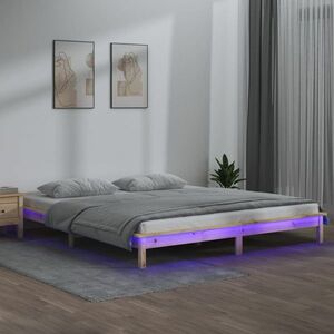 vidaXL Rama łóżka z LED, 140x190 cm, lite drewno obraz