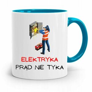 Kubek Błękitny Dla Elektryka Prąd Nie Tyka z Nadrukiem ze Zdjęciem obraz