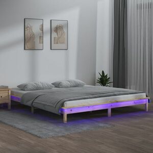 vidaXL Rama łóżka z LED, 135x190 cm, podwójna, lite drewno obraz