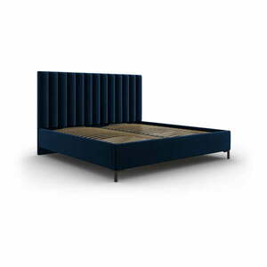 Ciemnoniebieskie tapicerowane łóżko dwuosobowe ze schowkiem i stelażem 200x200 cm Casey – Mazzini Beds obraz