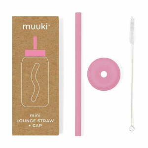Silikonowa słomka z wieczkiem i szczoteczką w komplecie Flamingo Pink – Muuki obraz