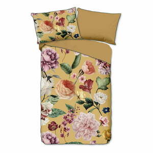 Żółta pościel jednoosobowa z bawełny organicznej Descanso Flowery, 140x200 cm obraz