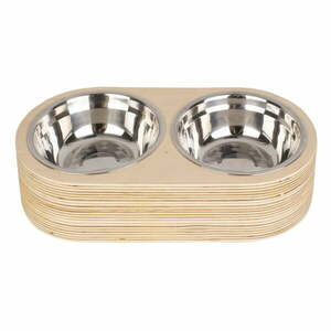 Zestaw 2 metalowych misek i jasnej drewnianej podstawki PT LIVING Pet, szer. 18 cm obraz