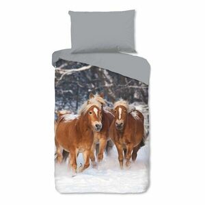 Szara flanelowa pościel dziecięca jednoosobowa 140x200 cm Happy Horses – Good Morning obraz