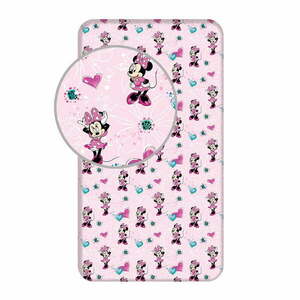 Różowe bawełniane prześcieradło dziecięce z gumką 90x200 cm Minnie "Flowers" – Jerry Fabrics obraz