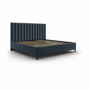 Ciemnoniebieskie tapicerowane łóżko dwuosobowe ze schowkiem i stelażem 200x200 cm Casey – Mazzini Beds obraz