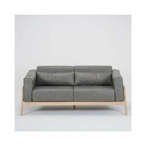 Ciemnoszara sofa z bawolej skóry z konstrukcją z litego drewna dębowego Gazzda Fawn, 180 cm obraz