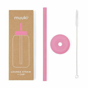 Silikonowa słomka z wieczkiem i szczoteczką w komplecie Flamingo Pink – Muuki obraz