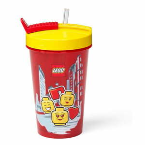 Czerwony kubek podróżny z żółtym wieczkiem i słomką LEGO® Iconic, 500 ml obraz