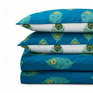 Biało-zielononiebieska bawełniana pościel dwuosobowa 230x220 cm Peacock Feather – Their Nibs obraz