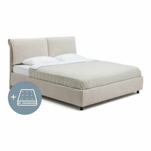 Beżowe tapicerowane łóżko dwuosobowe ze schowkiem z materacem i stelażem 160x200 cm Myra Pillow – Bonami Selection obraz