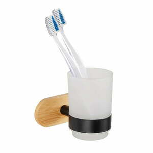 Czarno-naturalny samoprzylepny szklany kubek na szczoteczki do zębów Orea Bamboo – Wenko obraz