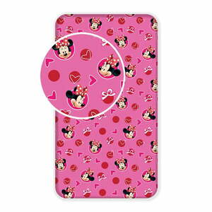 Różowe bawełniane prześcieradło dziecięce z gumką 90x200 cm Minnie "Hearts" – Jerry Fabrics obraz