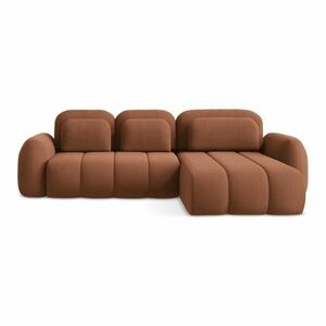 Rozkładany/ze schowkiem narożnik z materiału bouclé (prawostronny/z szezlongiem) w kolorze terakoty Pele – Makamii obraz