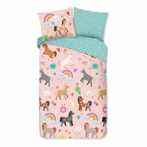 Różowo-turkusowa bawełniana pościel dziecięca jednoosobowa 140x220 cm Horses – Good Morning obraz